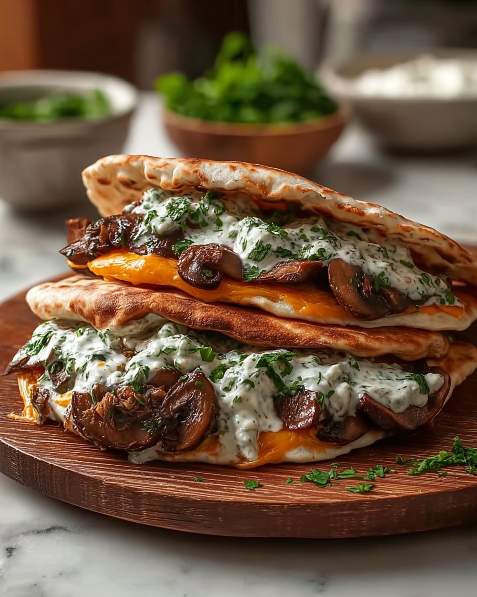 Cheesy Beef and Mushroom Pita Pockets with Tzatziki Sauce Recipe - Recipe Image