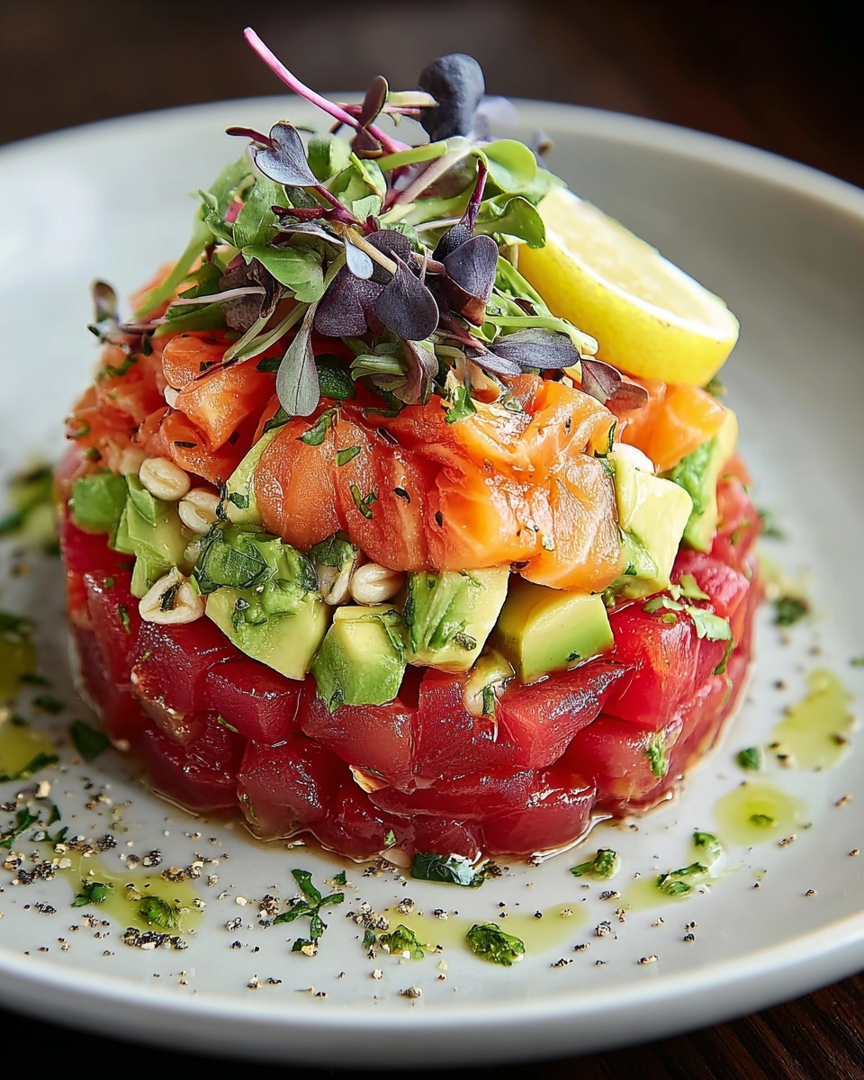 Salmon Tartare with Beetroot, Avocado, and Lemon Vinaigrette Recipe - Recipe Image