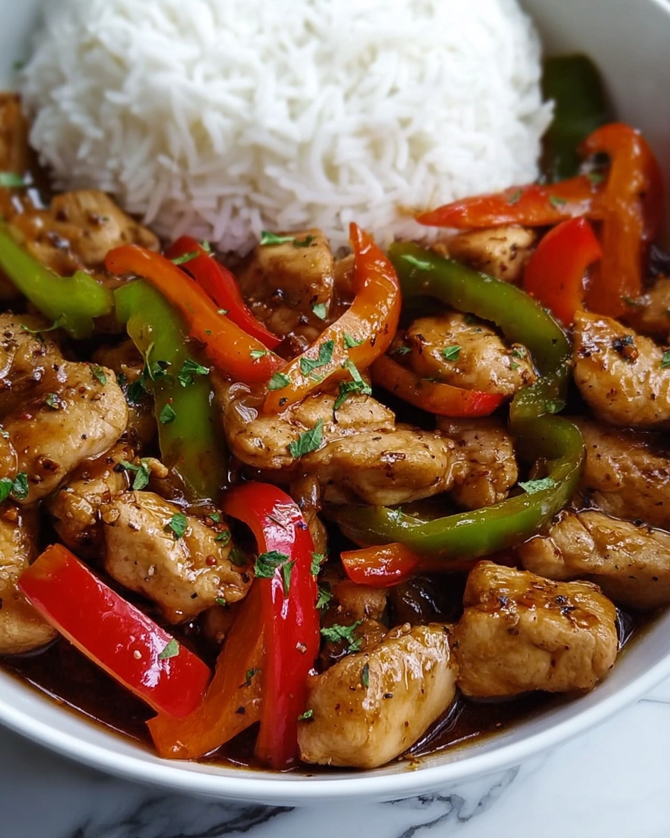 Sizzling Garlic Chicken Stir-Fry with Colorful Peppers and Steamed Rice Recipe - Recipe Image