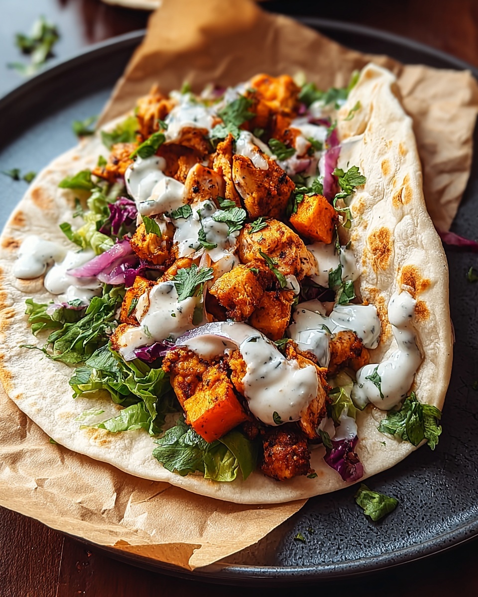 Curry Chicken Gyro with Tahini Sweet Potatoes and Fresh Herb Salad Recipe - Recipe Image