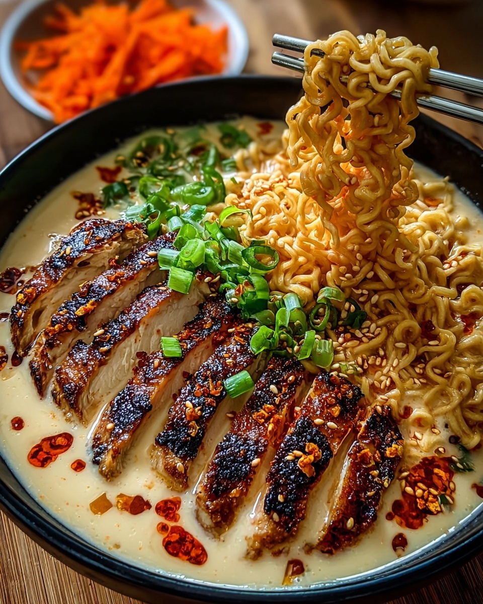 Fiery Chicken Ramen with Creamy Garlic Sauce Recipe - Recipe Image