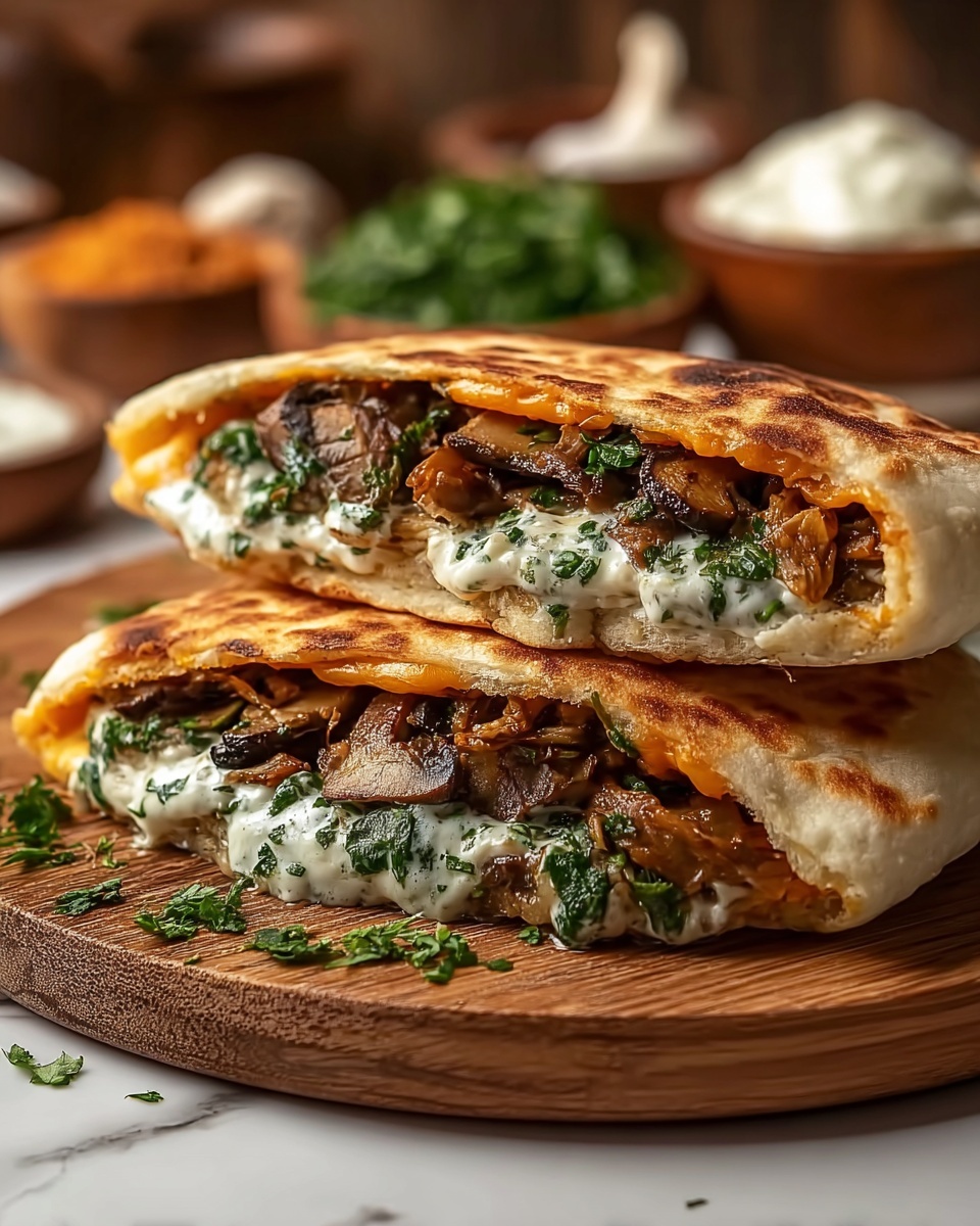 Cheesy Beef and Mushroom Pita Pockets with Tzatziki Sauce Recipe - Recipe Image