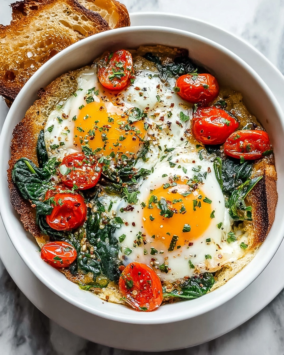 Baked Feta Eggs with Spinach and Tomatoes Recipe - Recipe Image