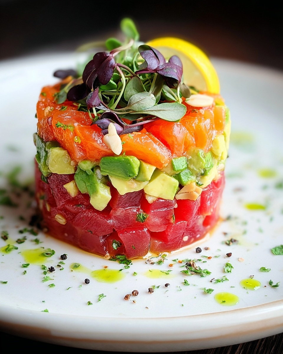Salmon Tartare with Beetroot, Avocado, and Lemon Vinaigrette Recipe - Recipe Image