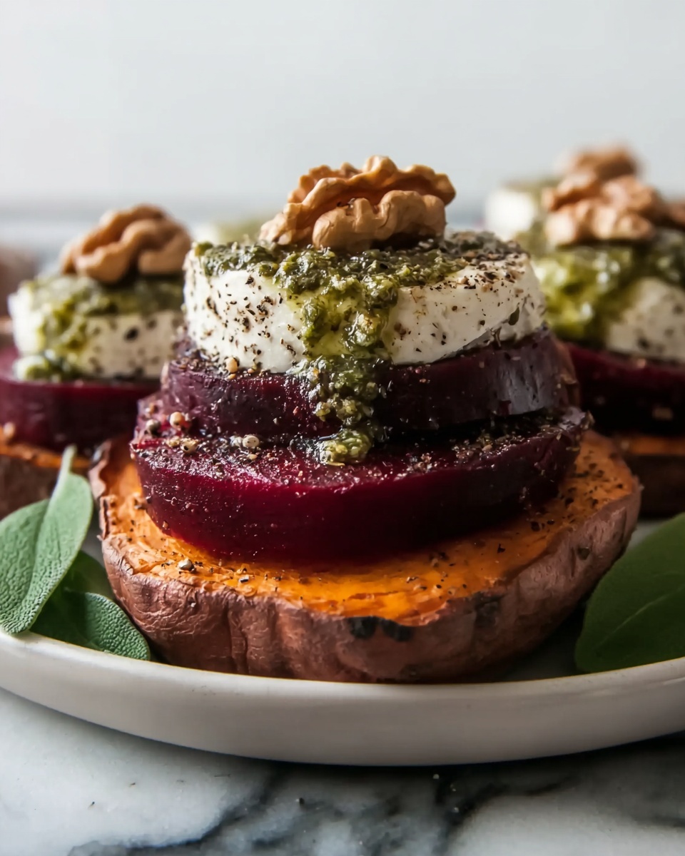 Sweet Potato Rounds with Burrata, Roasted Beets, and Walnut Sage Pesto Recipe - Recipe Image