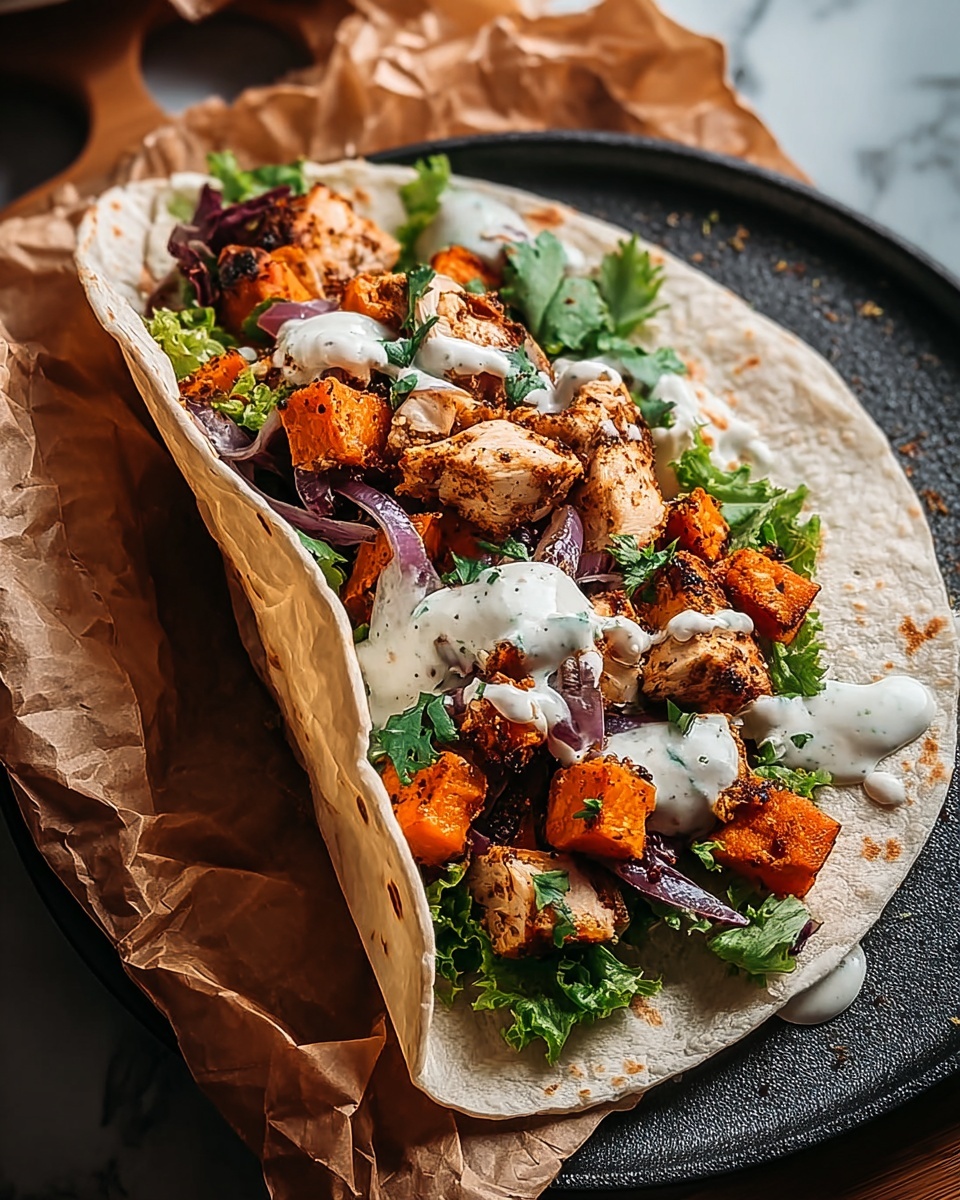 Curry Chicken Gyro with Tahini Sweet Potatoes and Fresh Herb Salad Recipe - Recipe Image