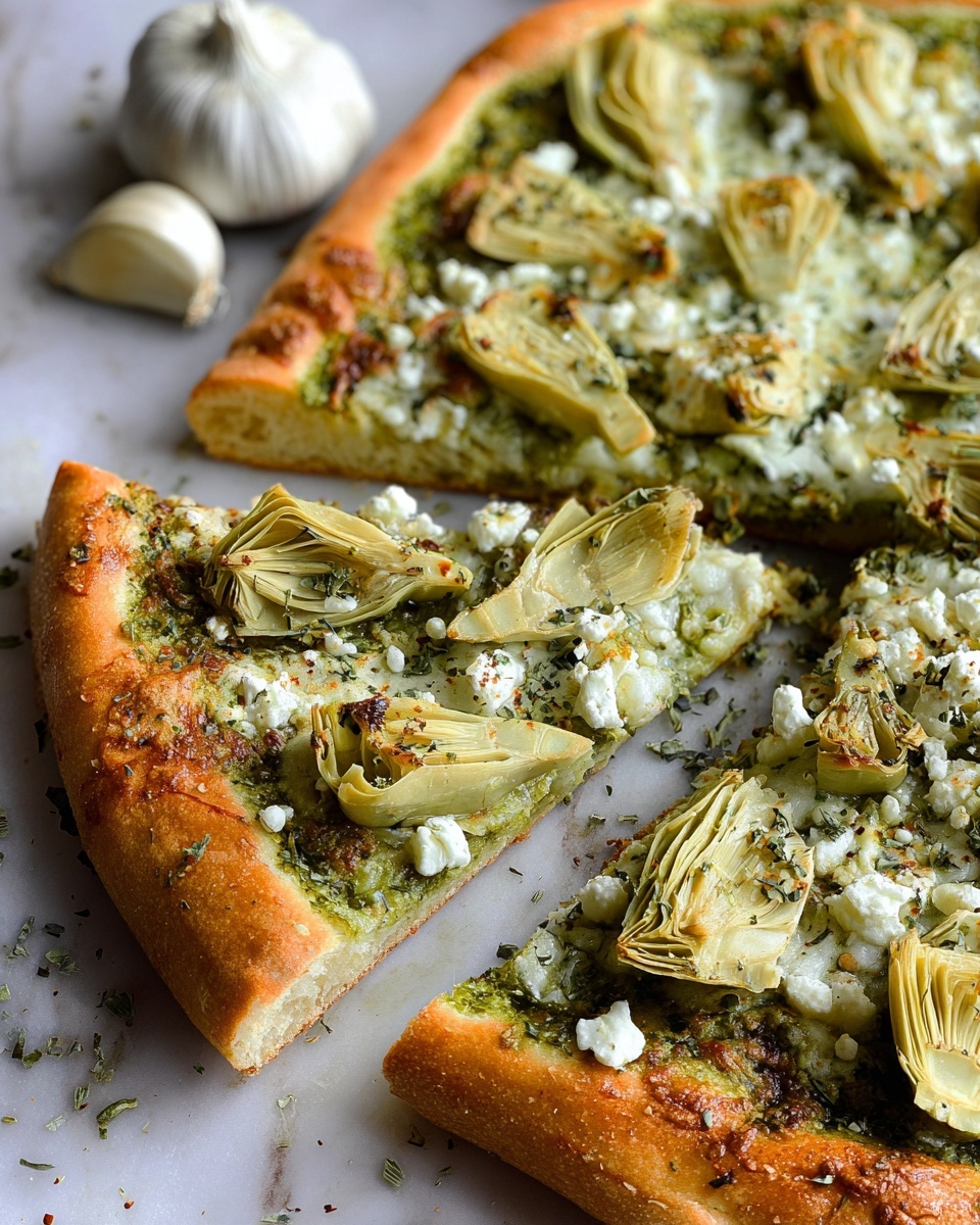 Green Pizza with Pesto, Feta & Artichokes Recipe - Recipe Image