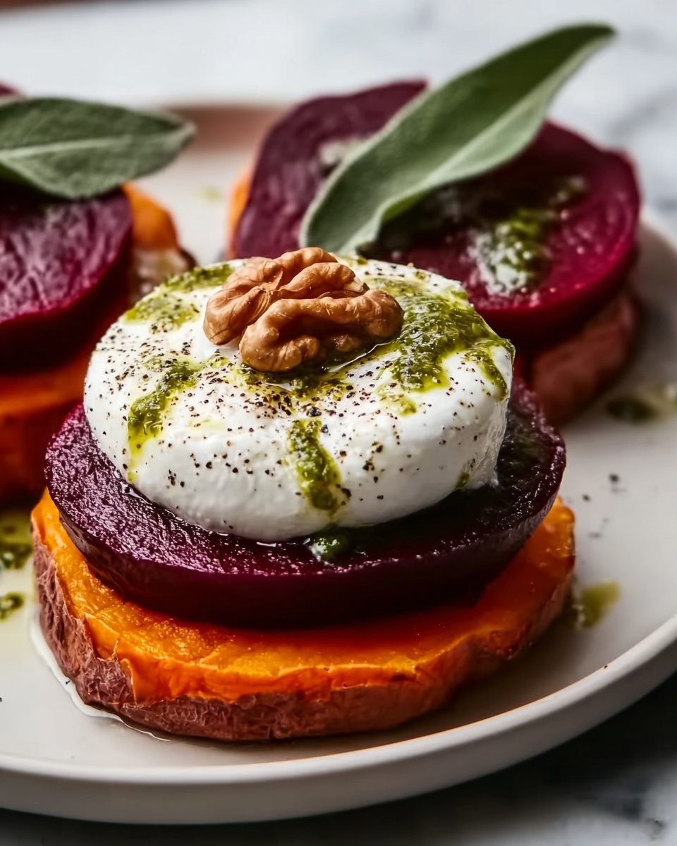 Sweet Potato Rounds with Burrata, Roasted Beets, and Walnut Sage Pesto Recipe - Recipe Image
