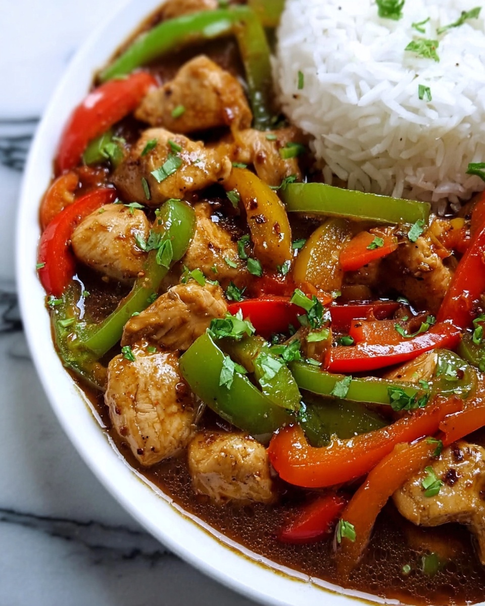 Sizzling Garlic Chicken Stir-Fry with Colorful Peppers and Steamed Rice Recipe - Recipe Image