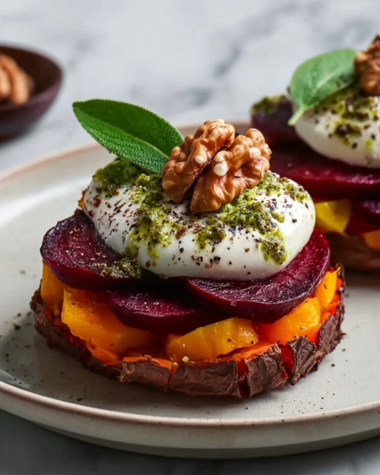 Sweet Potato Rounds with Burrata, Roasted Beets, and Walnut Sage Pesto Recipe