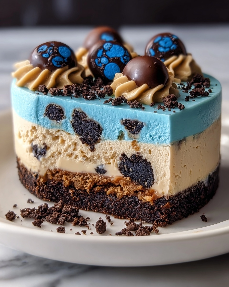 Cookie Monster Cheesecake with Oreo Cookies and Chocolate Ganache Recipe - Recipe Image