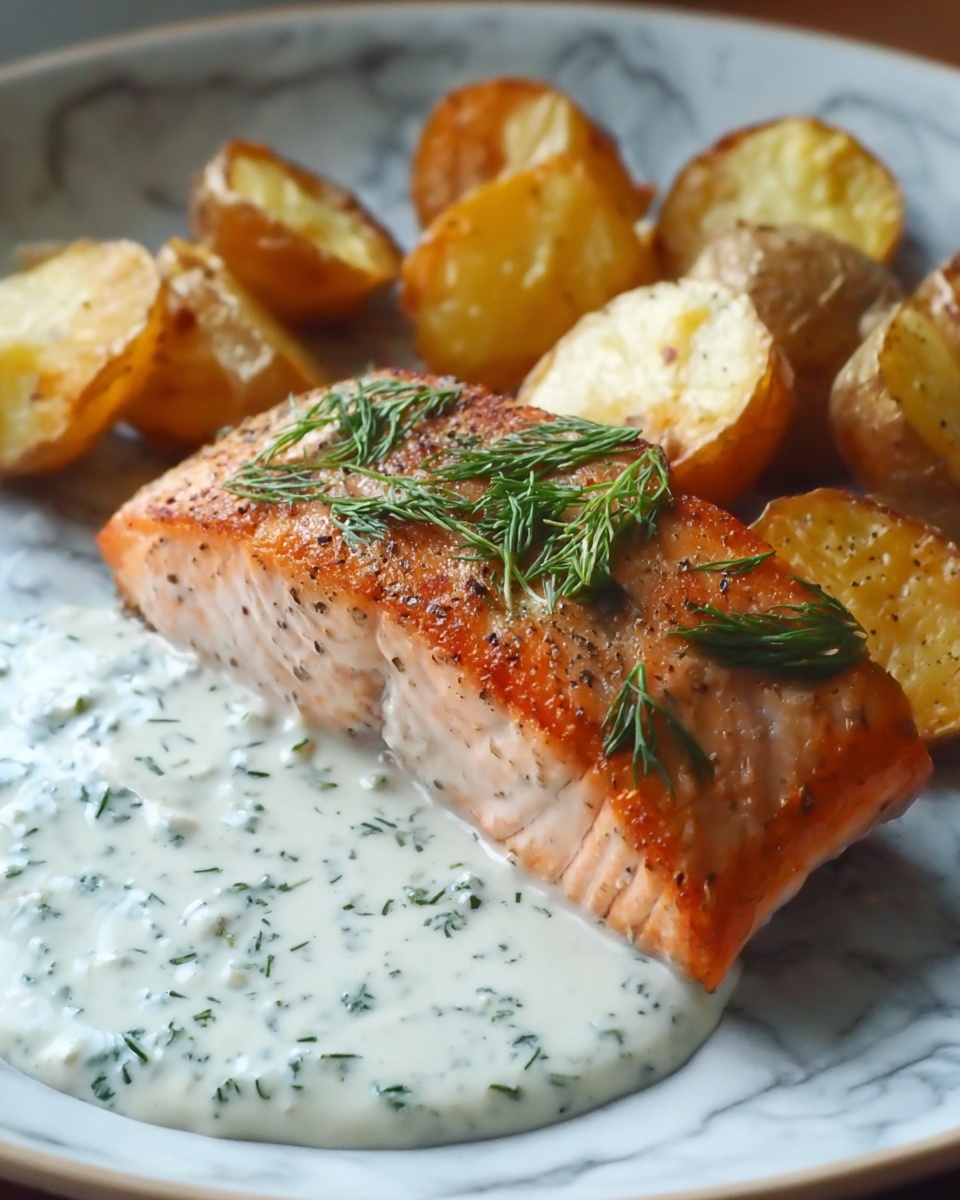 Dill Salmon with Potato Wedges and Creamy Pickle Dill Sauce Recipe - Recipe Image