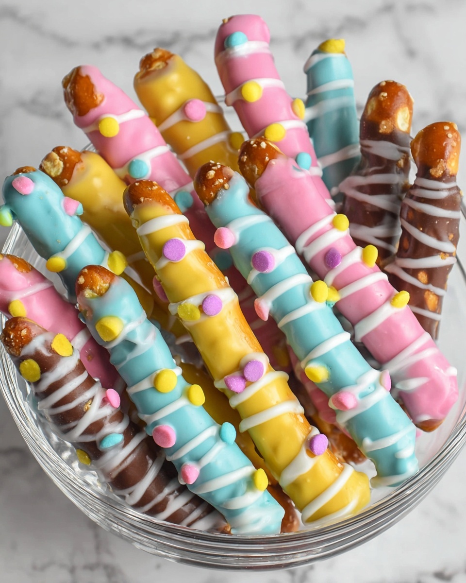 Easter Pretzel Rods with White Chocolate and Pastel M&M Candies Recipe - Recipe Image