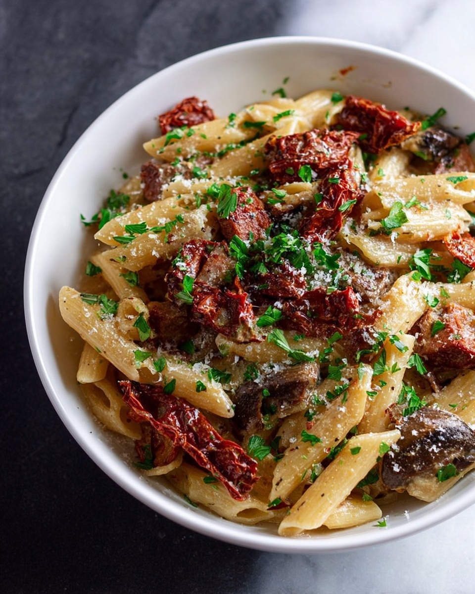 Chorizo Pasta with Mushrooms and Sun-Dried Tomatoes Recipe - Recipe Image
