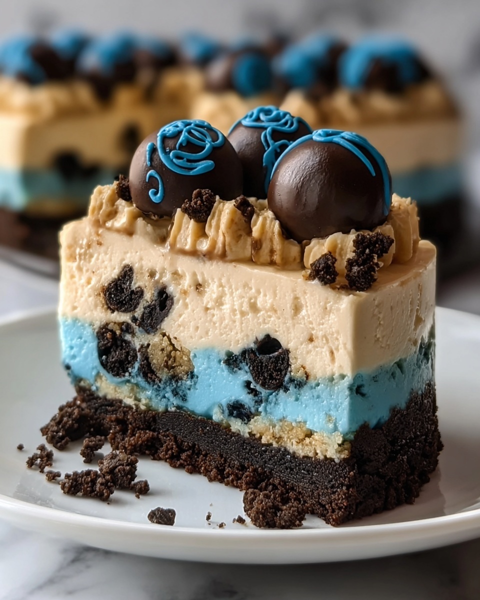 Cookie Monster Cheesecake with Oreo Cookies and Chocolate Ganache Recipe - Recipe Image