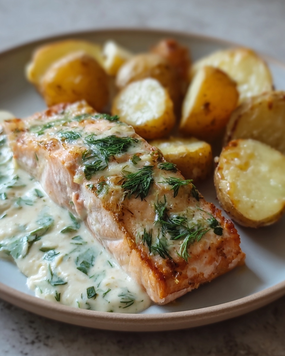 Dill Salmon with Potato Wedges and Creamy Pickle Dill Sauce Recipe - Recipe Image