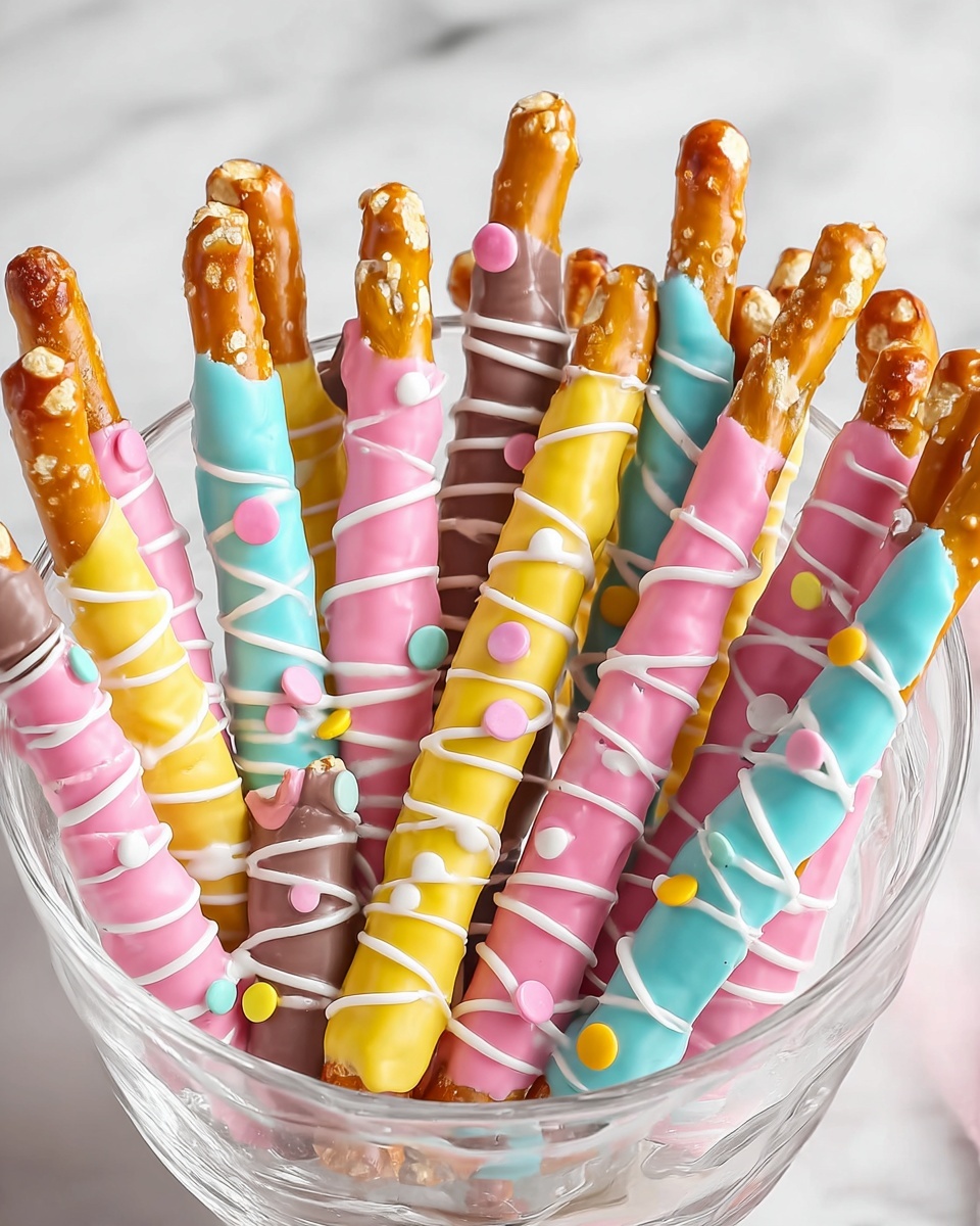 Easter Pretzel Rods with White Chocolate and Pastel M&M Candies Recipe - Recipe Image
