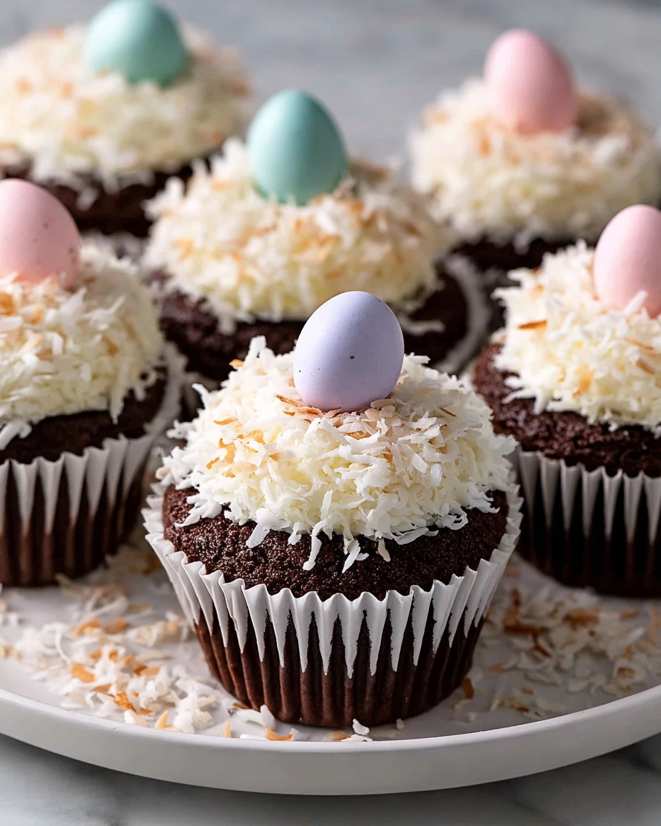 Easter Cupcakes with Chocolate Ganache Filling and Coconut Topping Recipe - Recipe Image