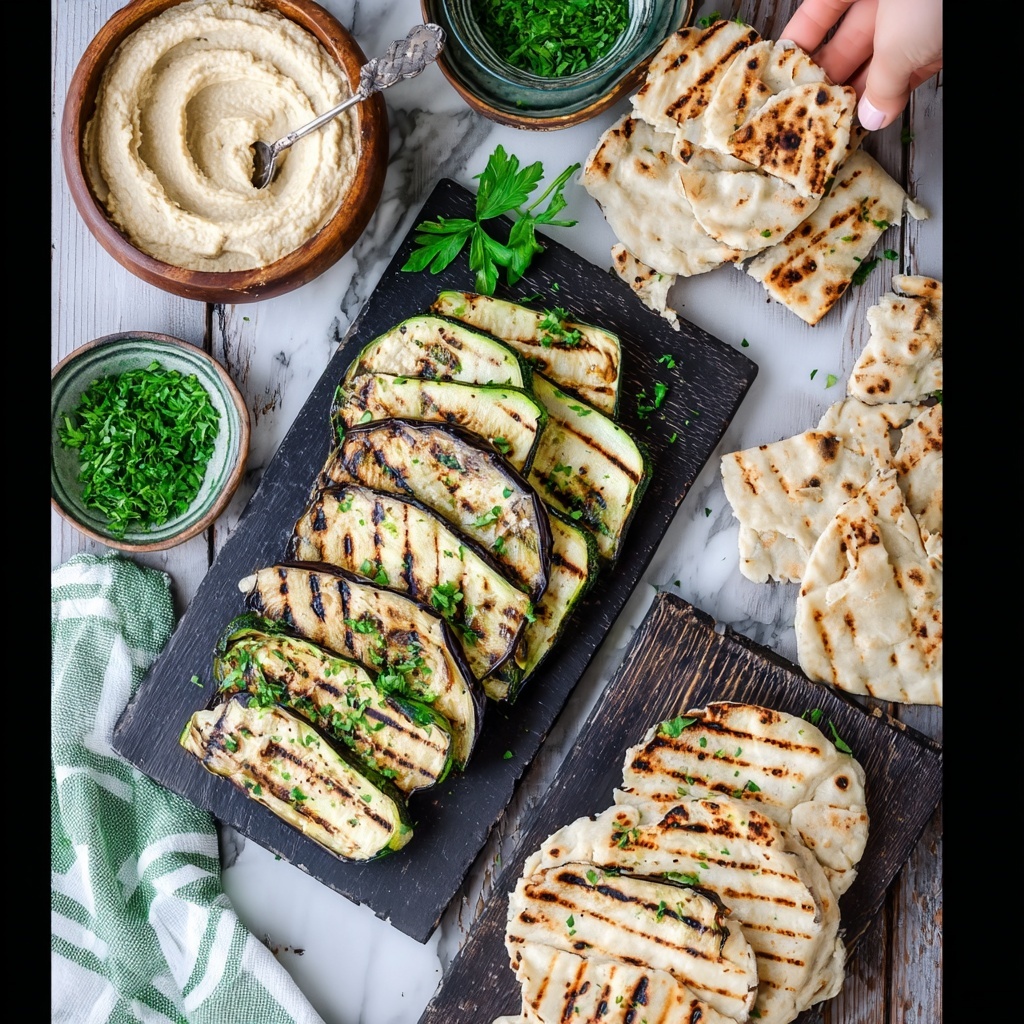 Grilled Zucchini and Eggplant with Hummus and Naan Recipe - Recipe Image
