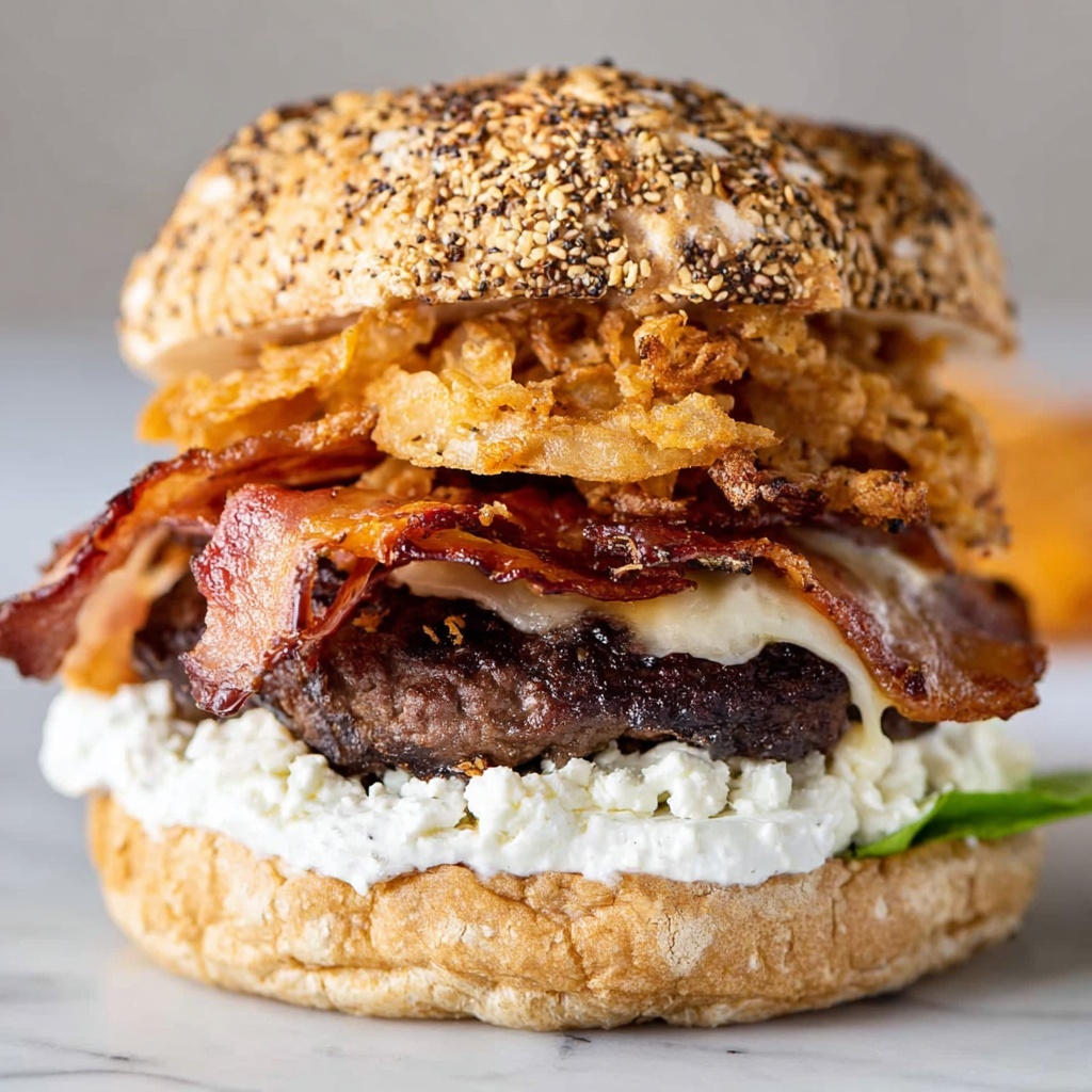 Bacon and Goat Cheese Aioli Burger with Crispy Onions Recipe - Recipe Image