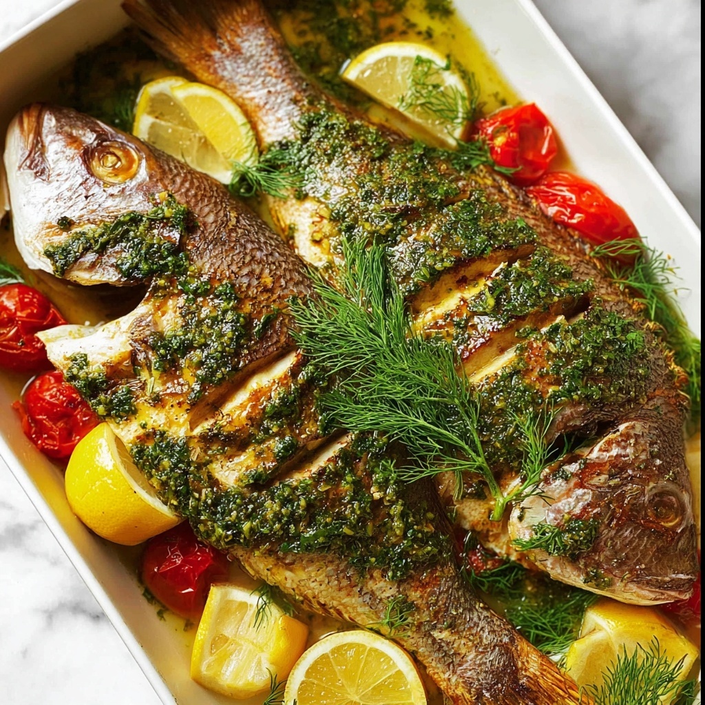 Whole Baked Herb-Stuffed Fish with Garlic & Dill Butter Sauce Recipe - Recipe Image