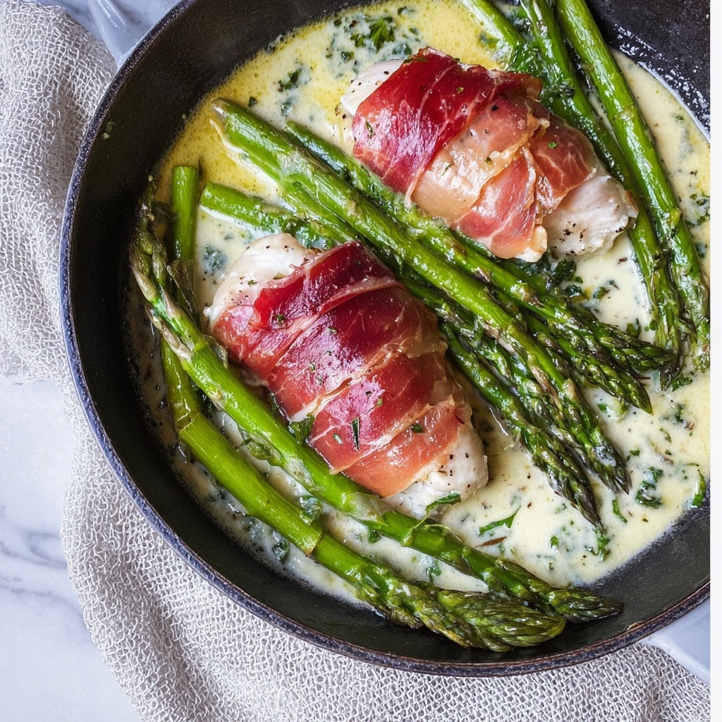 Prosciutto-Wrapped Chicken with Asparagus in Basil Pesto Cream Recipe - Recipe Image