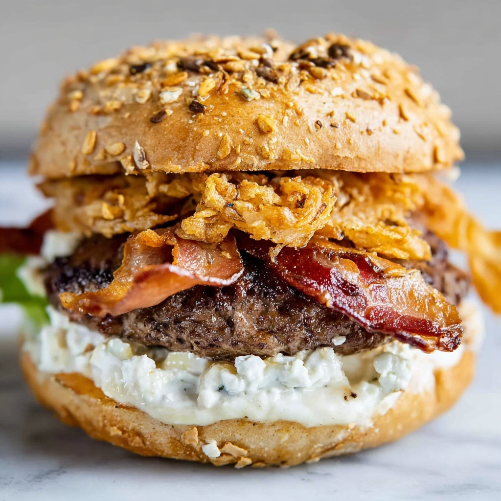Bacon and Goat Cheese Aioli Burger with Crispy Onions Recipe - Recipe Image