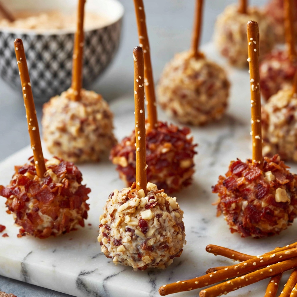 Mini Cheese Ball Bites with Dried Fruit, Bacon, and Pretzel Sticks Recipe - Recipe Image