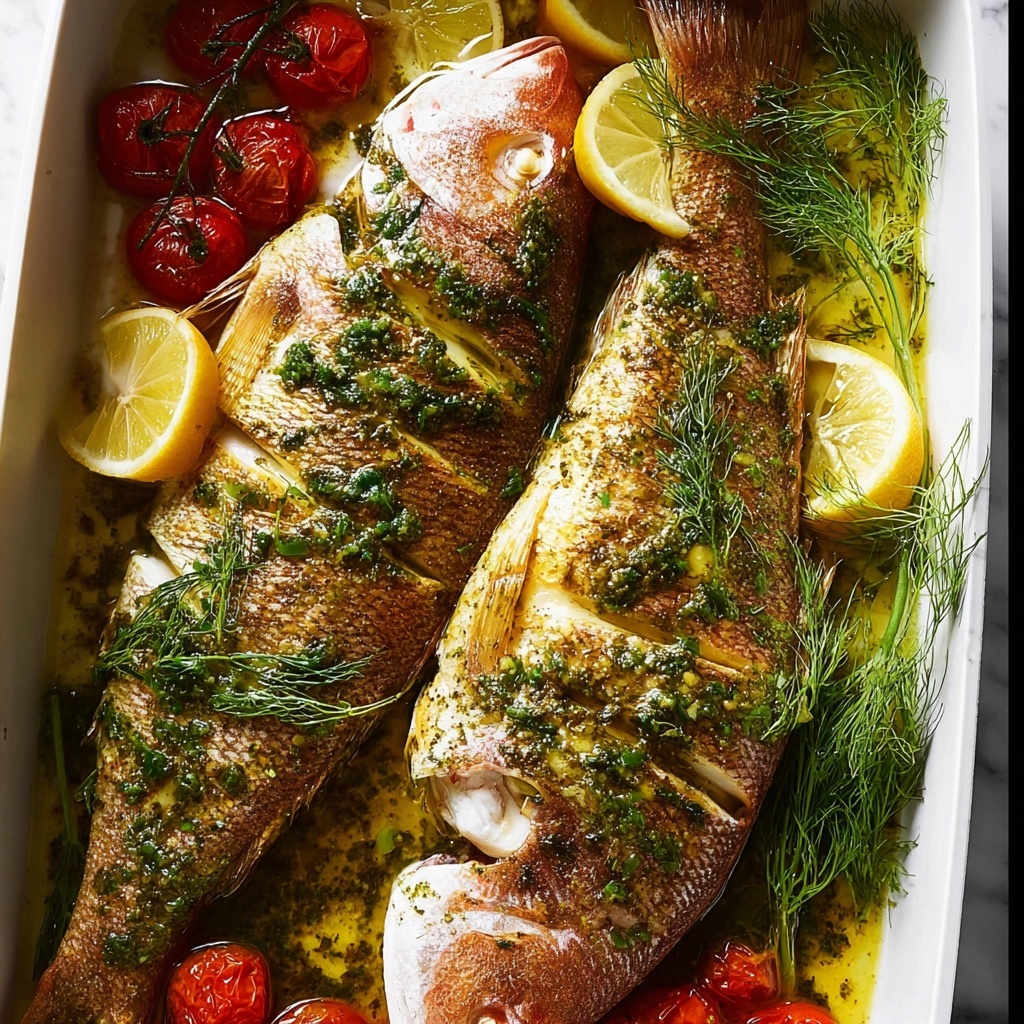 Whole Baked Herb-Stuffed Fish with Garlic & Dill Butter Sauce Recipe - Recipe Image
