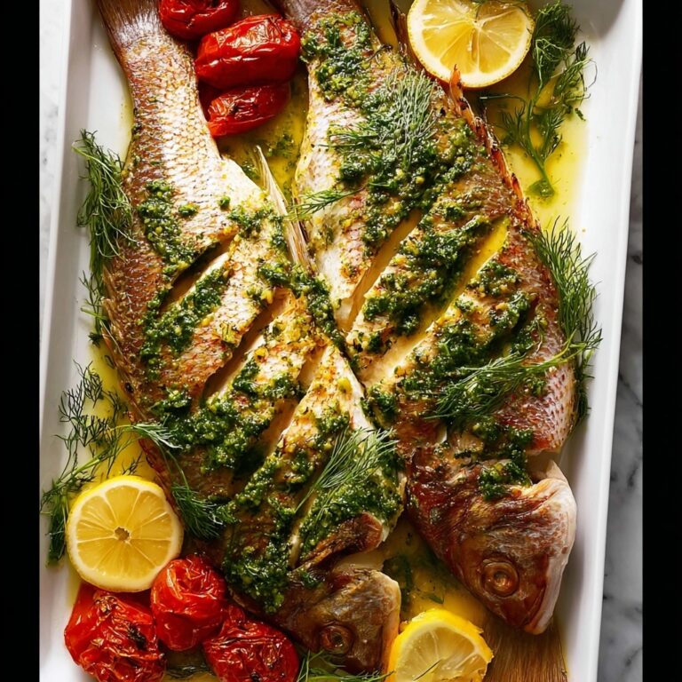 Whole Baked Herb-Stuffed Fish with Garlic & Dill Butter Sauce Recipe