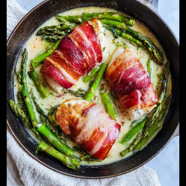 Prosciutto-Wrapped Chicken with Asparagus in Basil Pesto Cream Recipe