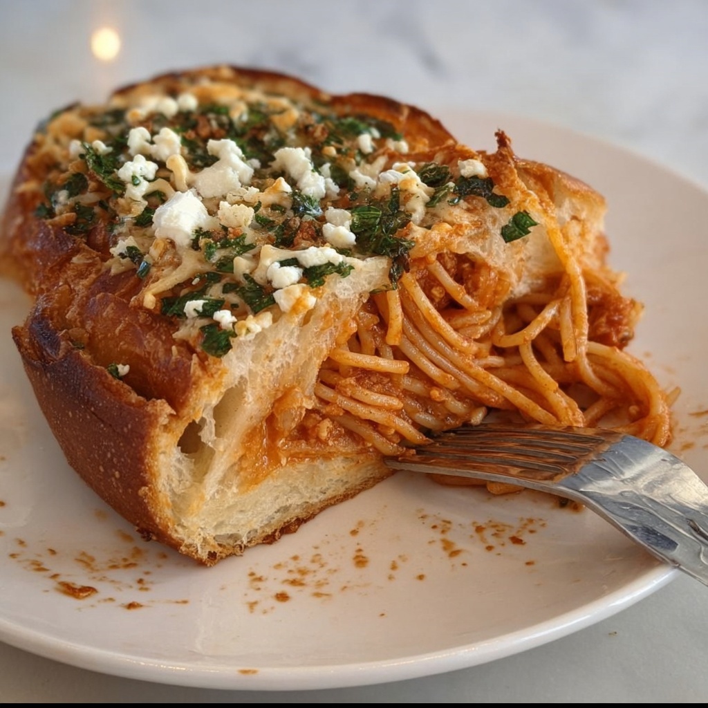 Spaghetti Stuffed Garlic Bread Recipe - Recipe Image