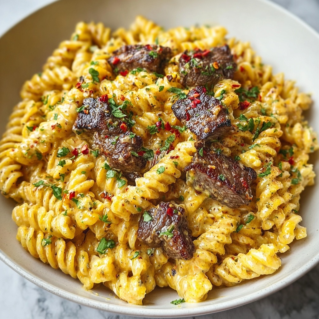 One-Pot Creamy Spicy Garlic Butter Steak & Pasta Recipe - Recipe Image
