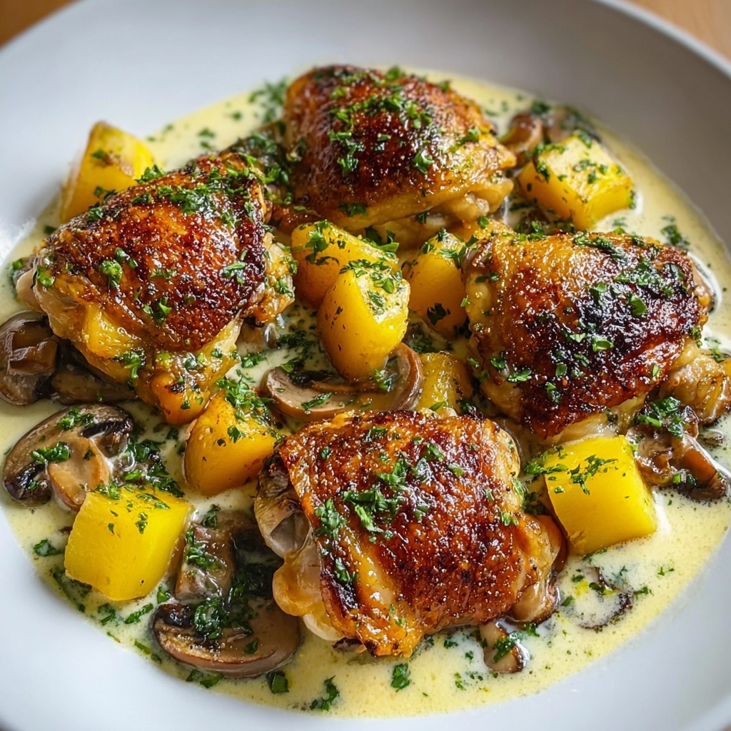 Herb Roasted Chicken in Creamy Mushroom and Potato White Sauce Recipe - Recipe Image