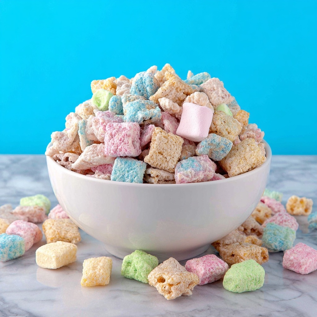 Easter Bunny Puppy Chow with Pastel Colors and Mini Marshmallows Recipe - Recipe Image