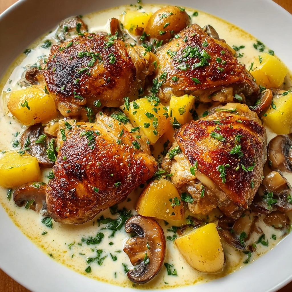 Herb Roasted Chicken in Creamy Mushroom and Potato White Sauce Recipe - Recipe Image