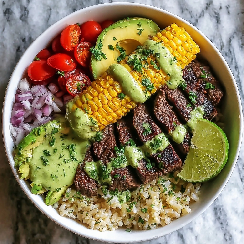 Steak, Avocado & Roasted Corn Bowl with Creamy Cilantro Sauce Recipe - Recipe Image