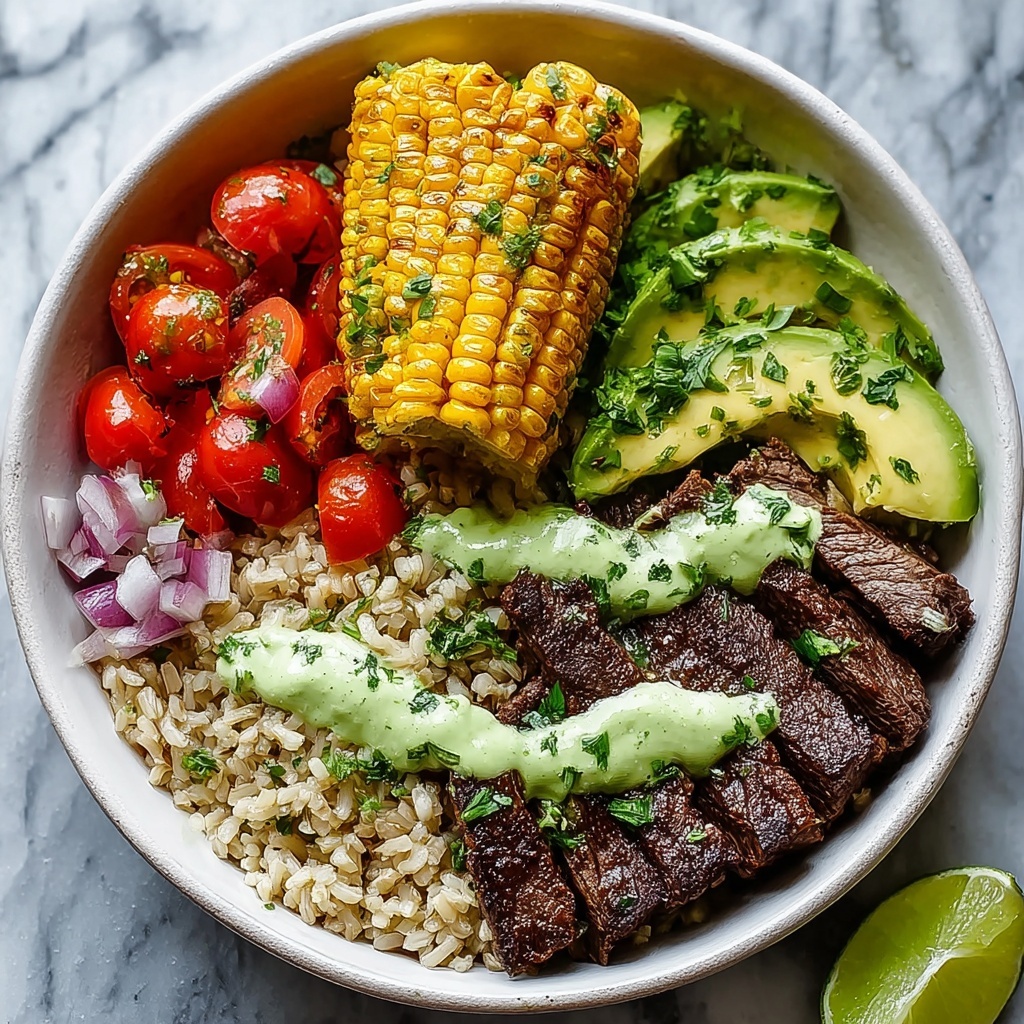 Steak, Avocado & Roasted Corn Bowl with Creamy Cilantro Sauce Recipe - Recipe Image