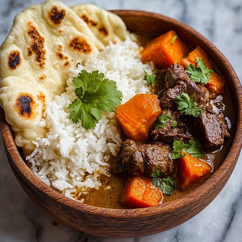 Slow-Cooked Beef in Creamy Coconut Curry with Rice and Garlic Naan Recipe - Recipe Image
