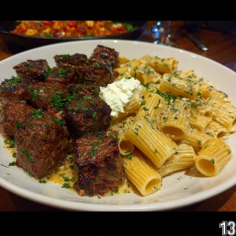 Cheesy Garlic Butter Steak with Rigatoni in Four-Cheese Sauce Recipe