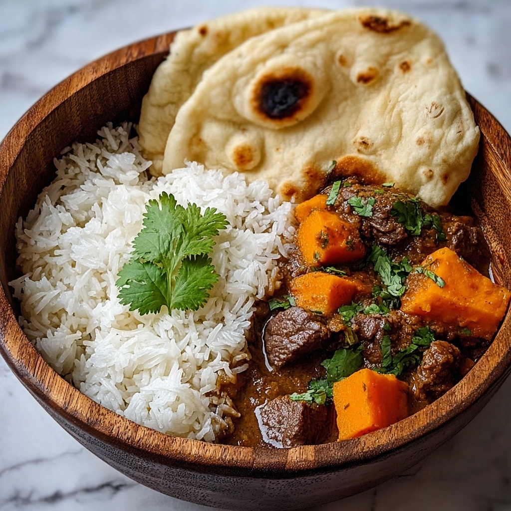 Slow-Cooked Beef in Creamy Coconut Curry with Rice and Garlic Naan Recipe - Recipe Image